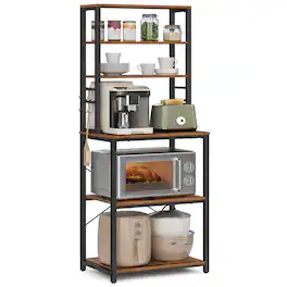 Songmics Home - Coffee Bar, Baker’s Rack for Kitchen with Storage, 6-Tier Kitchen Shelves with 6 Hooks, Microwave Stand, Industrial - Rustic Brown and Black