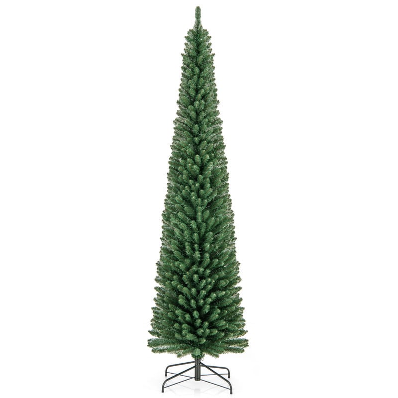 WELLFOR - 8 ft Pencil Slim Artificial Christmas Tree with Warm‑White Lights,671 Full PVC Branch Tips, Perfect‑Choice Decoration - Green