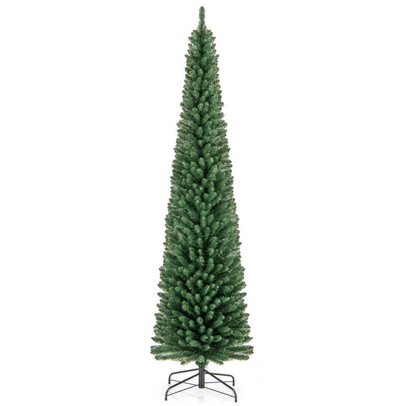 Front. WELLFOR - 8 ft Pencil Slim Artificial Christmas Tree with Warm‑White Lights,671 Full PVC Branch Tips, Perfect‑Choice Decoration - Green.