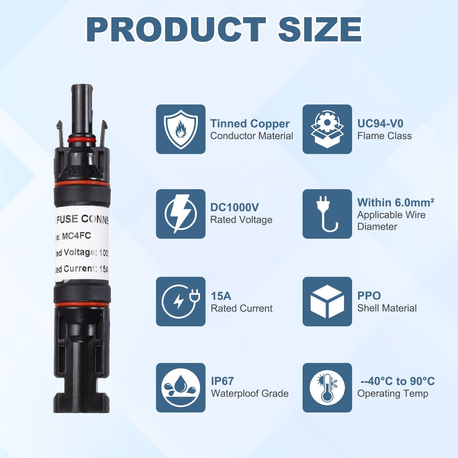 PRODUCT SIZE

- Tinned Copper Conductor Material
- UC94-VO Flame Class
- DC1000V Rated Voltage
- Within 6.0mm² Applicable Wire Diameter
- 15A Rated Current
- PPO Shell Material
- IP67 Waterproof Grade
- -40°C to 90°C Operating Temp