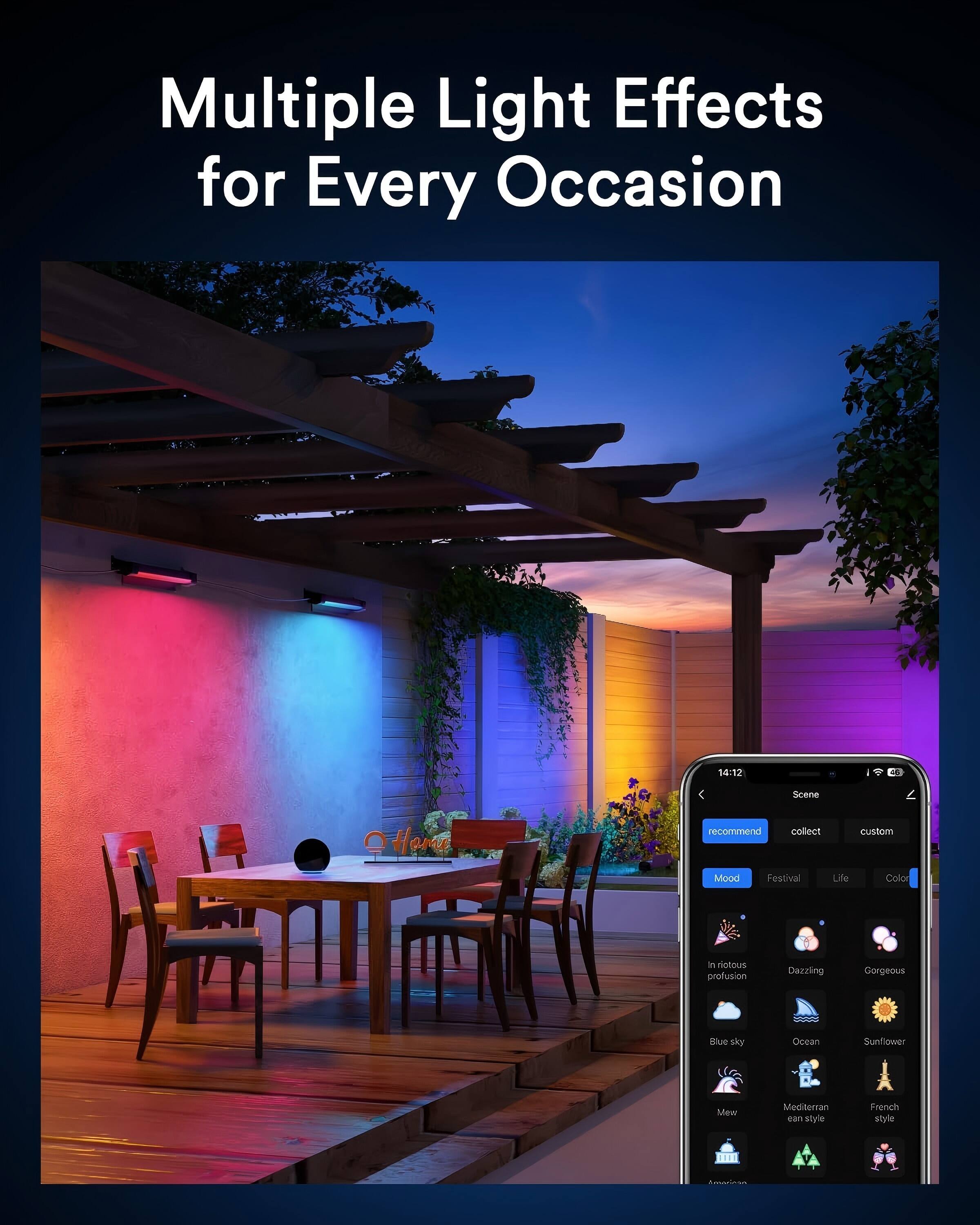 Multiple Light Effects for Every Occasion

14:12 A8

Scene

Home

recommend collect custom

Mood Festival Life Color

In riotous profusion Dazzling Gorgeous

Blue sky Ocean Sunflower

Mew Mediterranean style French style

E Amorian
