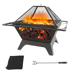 Front. BP4U - 33" Large Wood Burning Fire Pit with Retardant Spark Screen Cover for Patio & Backyard - Black.
