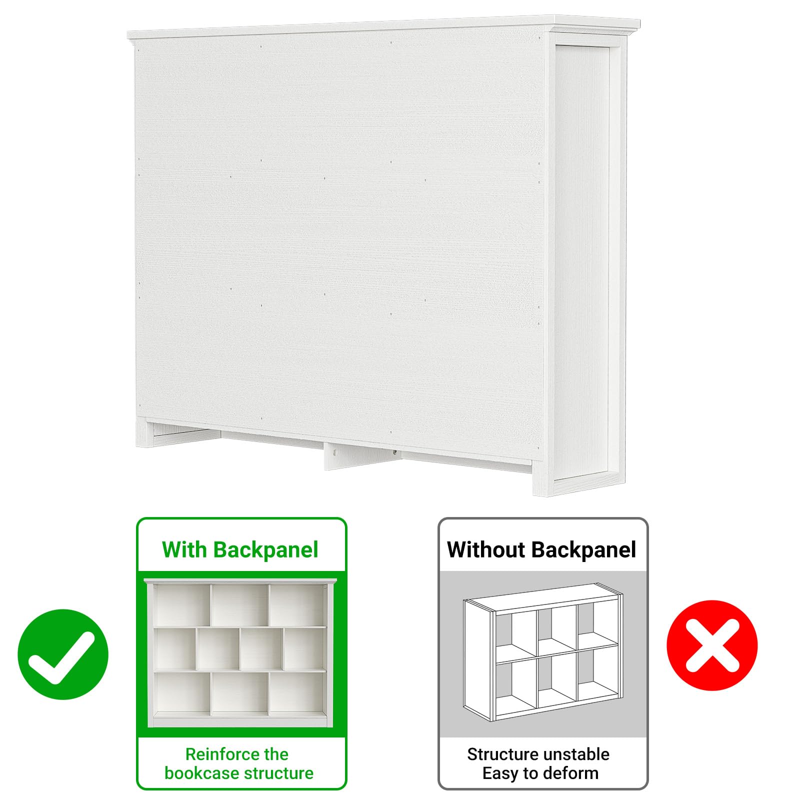 With Backpanel  
Without Backpanel  
X  
Reinforce the bookcase structure  
Structure unstable  
Easy to deform
