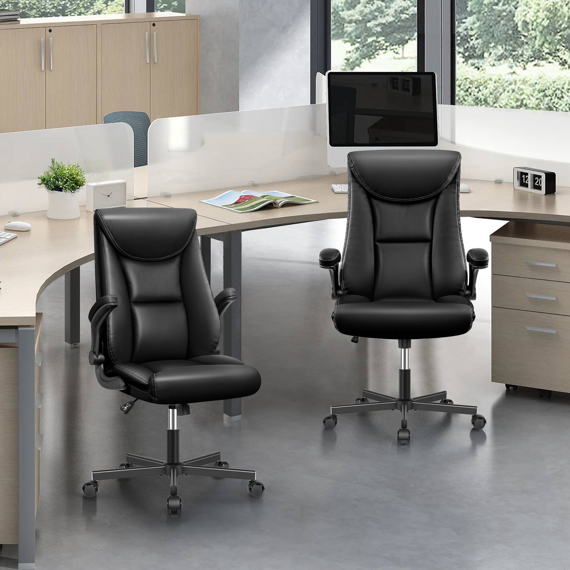 Left. Brick Attic - Executive Office Chair with Adjustable Folding Armrests, Lumbar Support, Swivel and Rocking Functions. - Black.