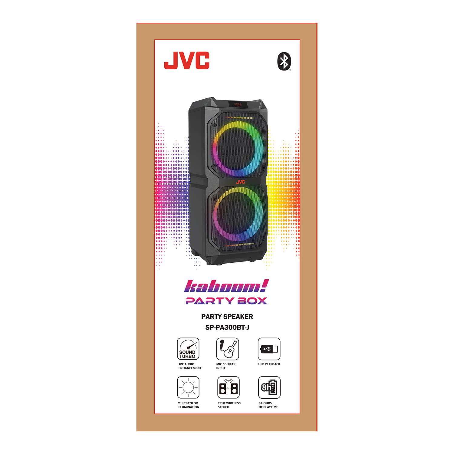 JVC kaboom! PARTY BOX PARTY SPEAKER SP-PA300BT-J SOUND TURBO IV

- GUTAn mPVI via PLAPBALE
- 8 M04dd - n FOLM w.EN. LTEREO
- de PLAPTIME