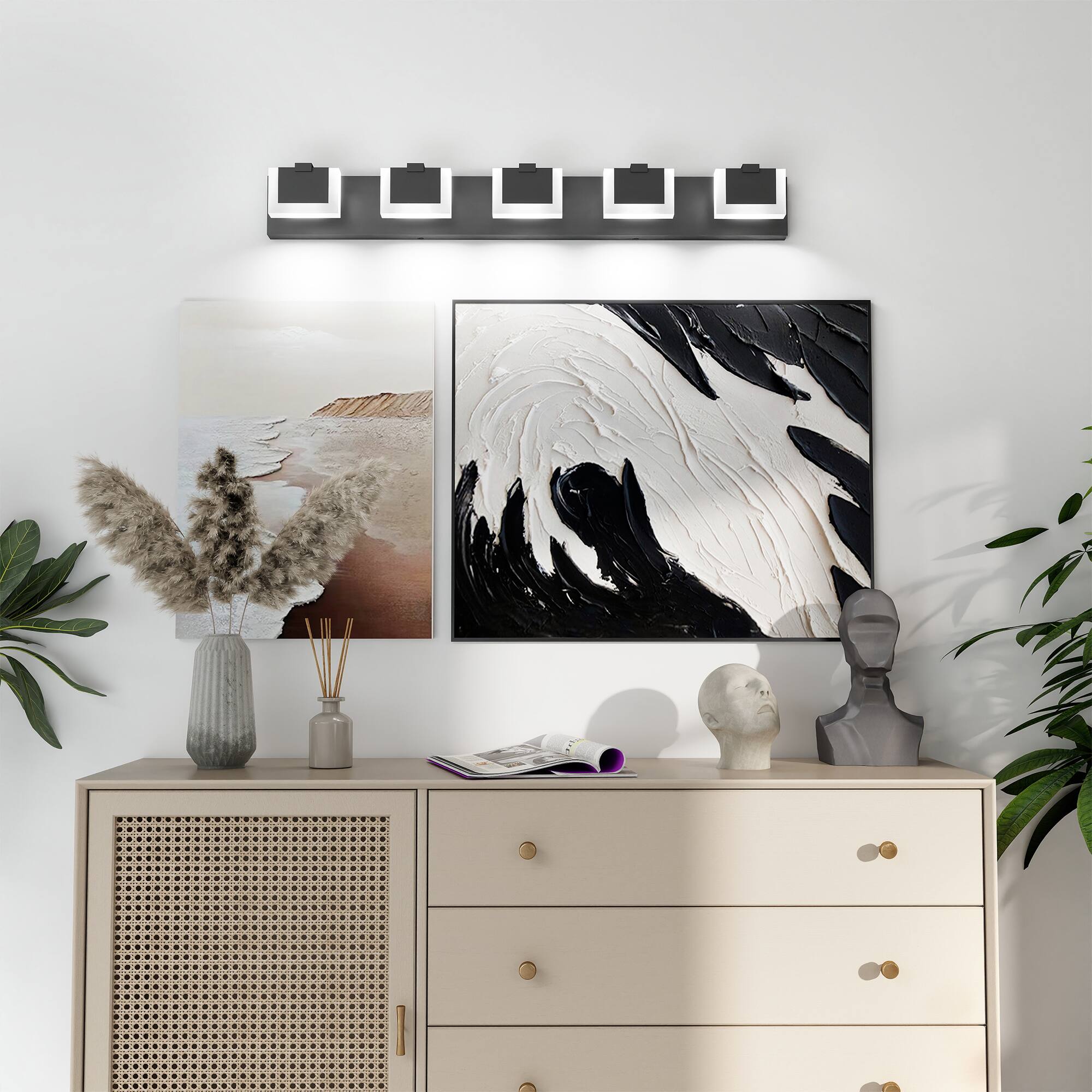 Angle. HOMLUX - 37.8 in. 5 Lights Black LED Vanity Light Bar Vanity Accent Lighting Fixtures and Metal Wall Sconces with Acrylic Shade.
