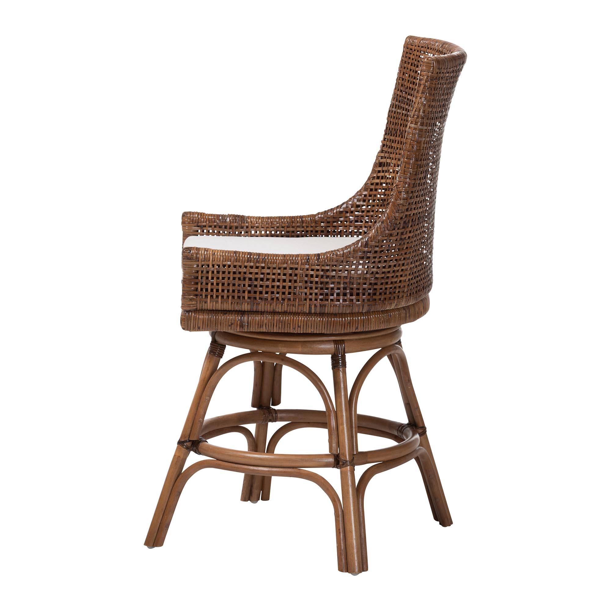 Left. bali & pari - Bella Swivel Rattan Counter Stool with Cushion - Handwoven Wicker Kitchen Island Seating with Backrest and Footrest - Coffee Bean.