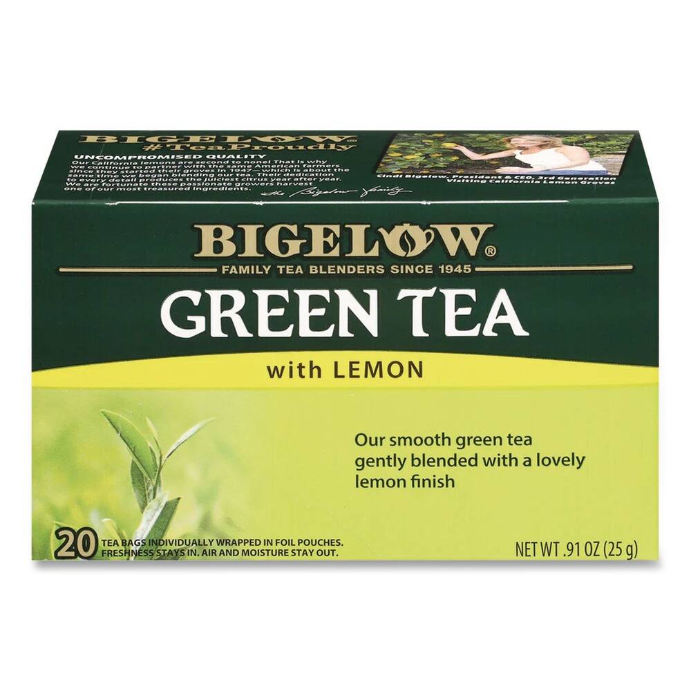 BIGelow  
#TeaProudly  
UNCOMPROMISED QUALITY  
Catraranta femoris -- ..ON.. .. That IWnY ddas .. .....- Amaricar ..- fatnIeI ootioce side- m.ted ci.oir gr0DE- ... 10. CORTCNO ..... the D.P R.CE ....- - RDOr d.m...i.O .. OW. Thoi naa etgefew prestaccs E .... CONOEECIOR ... C.O. do.ai aradu thE juicies ........ EitruNvearatte PO- yer chhIos aHSCPRI ato.. Laion dICE- W .- +. growers ..... oT ..... ... ...... ngredients - yat Xng BIGELOW FAMILY TEA BLENDERS SINCE 1945  

GREEN TEA with LEMON  
Our smooth green tea gently blended with a lovely lemon finish  

20 TEA BAGS INDIVIDUALLY WRAPPED IN FOIL POUCHES.  
FRESHNESS STAYS IN. AIR AND MOISTURE STAY OUT.  

NET WT .91 OZ (25g)