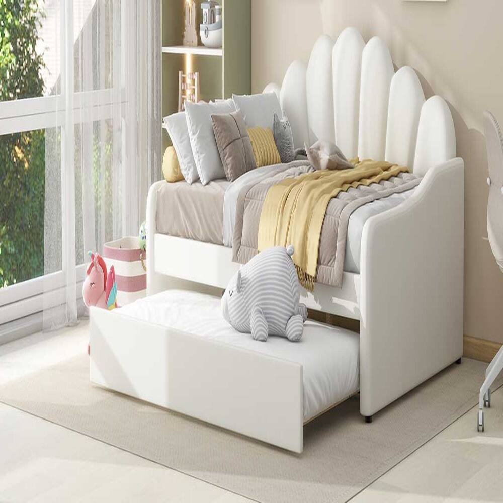 Alt View 4. Loheer - Loheer Full Size Upholstered Daybed with Trundle White Velvet Shell Shaped Backrest Sofa Bed - White.