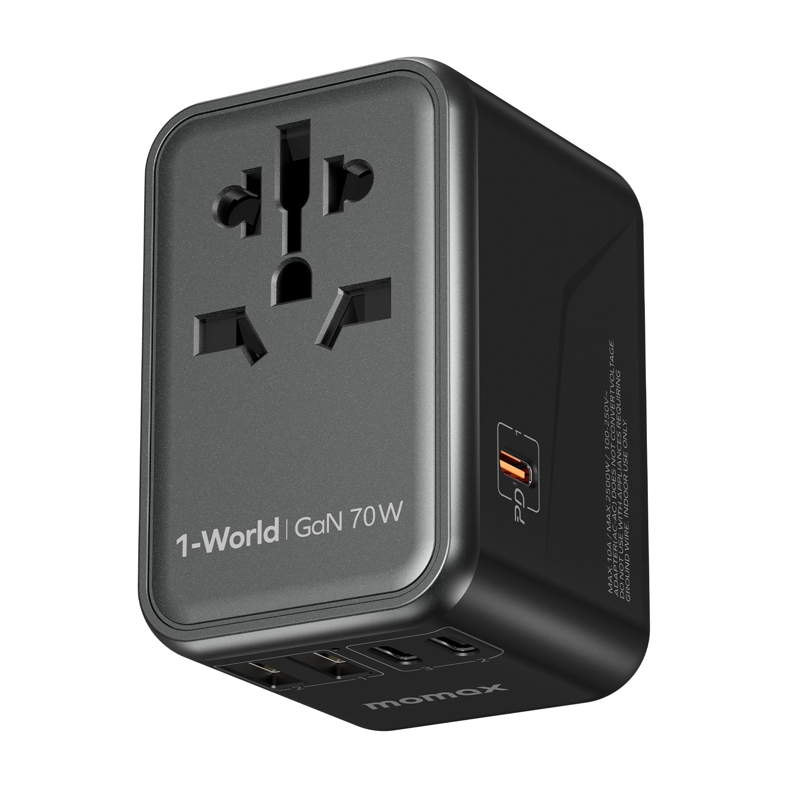 1-World | GaN 70W

INPUT: 100-250V~ 50/60Hz 0.3A

OUTPUT: USB-C PD 500W MAX

USB-C: 5V/3A, 9V/3A, 12V/3A, 15V/3A, 20V/3A

USB-A: 5V/3A

MADE IN CHINA