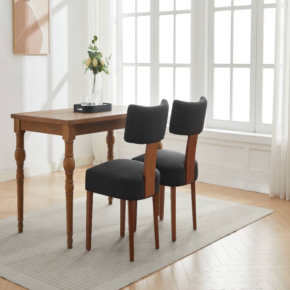 Alt View 6. Loheer - Loheer Set of 2 Linen Dining Chairs Modern Armless Black Chairs with Curved Backrest Solid Wooden Legs for Living Room - Black.