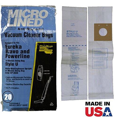 **MICRO LINED Anti-Bacterial Vacuum Cleaner Bags**

Designed to Fit:
- Eureka Bravo and Powerline A Models Using Bag Style U
- White Westinghouse Upright All Models Using Bag Style VIP 2030

**Features:**
- Captures Microscopic Particles, Germs, and Bacteria as small as 0.1 Micron
- Doubles Effective Bag Capacity
- 99.7% Filtration

**20 DISPOSABLE MICRO-LINED BAGS**

**MADE IN USA**

**STYLE U**
- Top Haut Style U
- Micro-Lined
- 100% Polyester
- 100% Recyclable