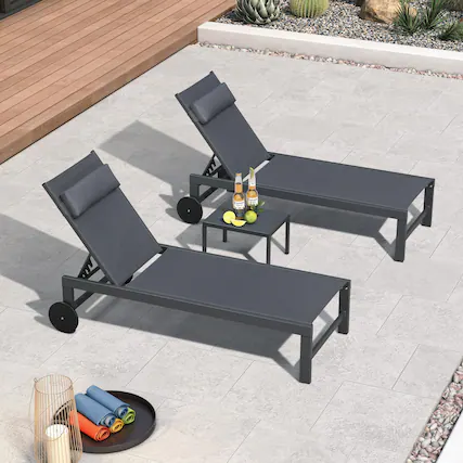 Front. PURPLE LEAF - 3-Pieces Aluminum Frame with Side Table and Wheels for Outside Sunbathing Tanning Recliner Including Pillows - Grey.