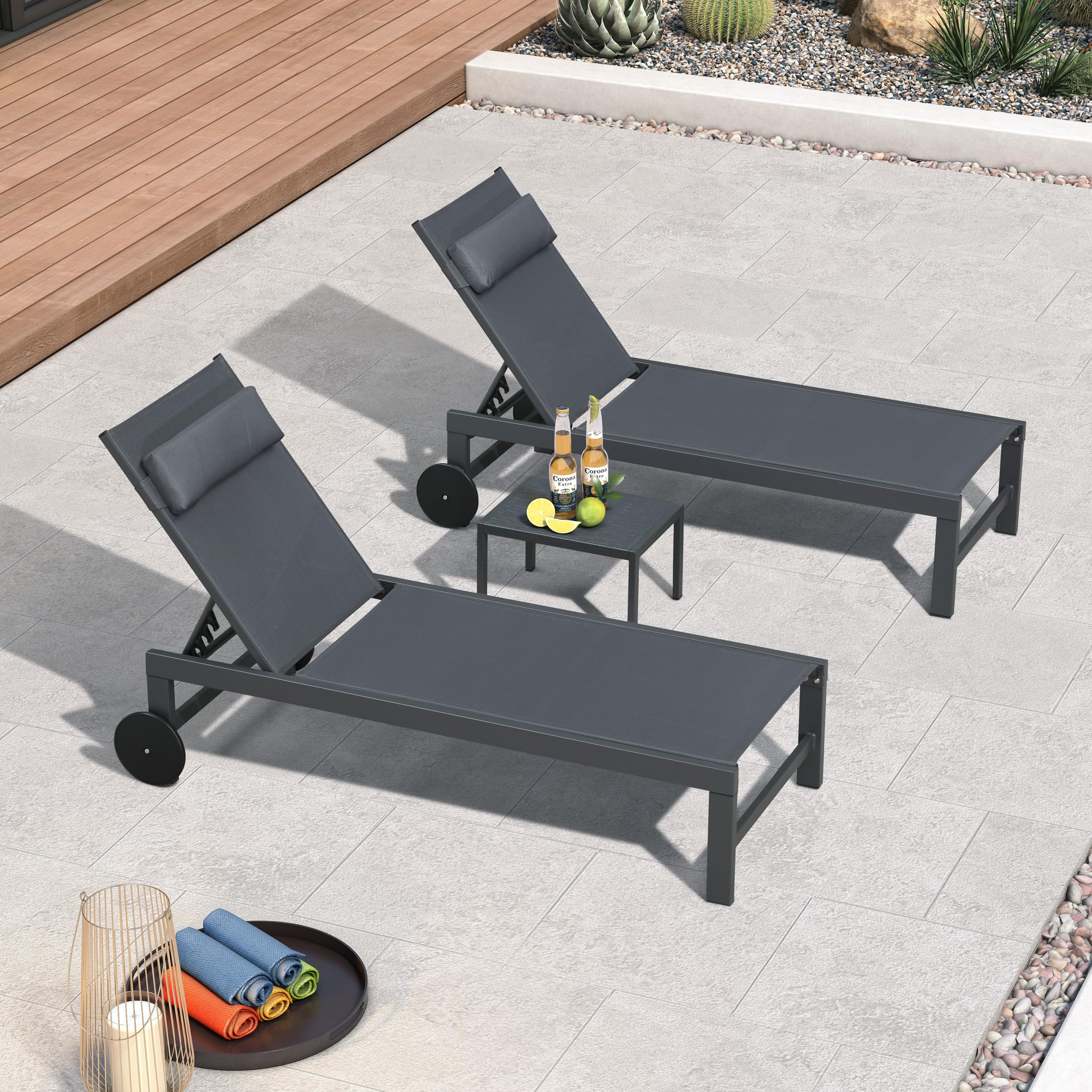 PURPLE LEAF - 3-Pieces Aluminum Frame with Side Table and Wheels for Outside Sunbathing Tanning Recliner Including Pillows - Gray