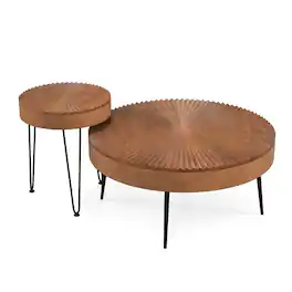 Costway - Farmhouse Round CoffeeTable Set of 2 End Table Natural Finish for Living Room - Coffee
