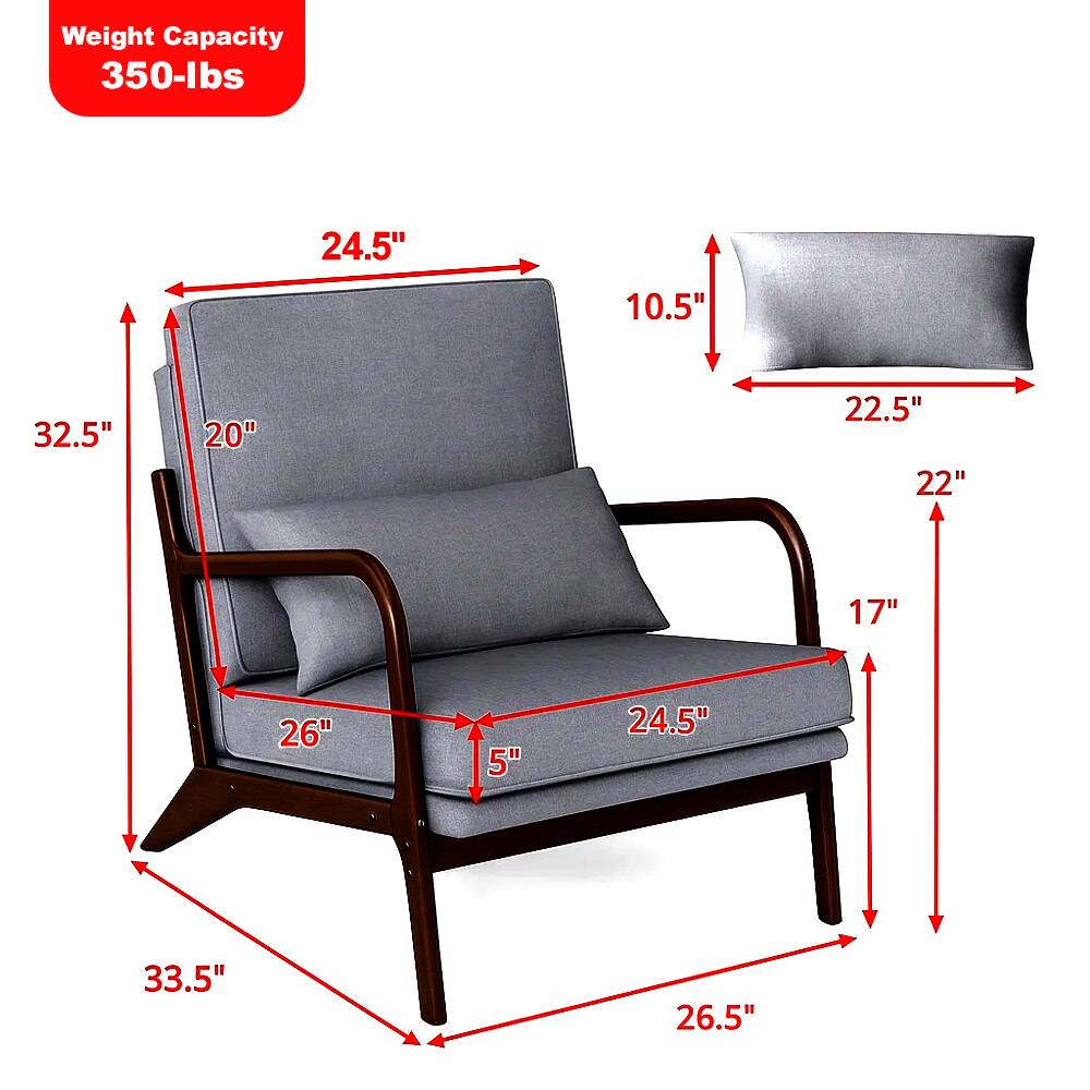 Weight Capacity: 350-lbs

Dimensions:
- Width: 24.5"
- Depth: 32.5"
- Height: 33.5"
- Seat Height: 17"
- Seat Depth: 24.5"
- Armrest Height: 20"
- Armrest Width: 26"
- Back Height: 26.5"
- Back Width: 24.5"
- Cushion Width: 22.5"
- Cushion Depth: 10.5"
- Cushion Height: 22"