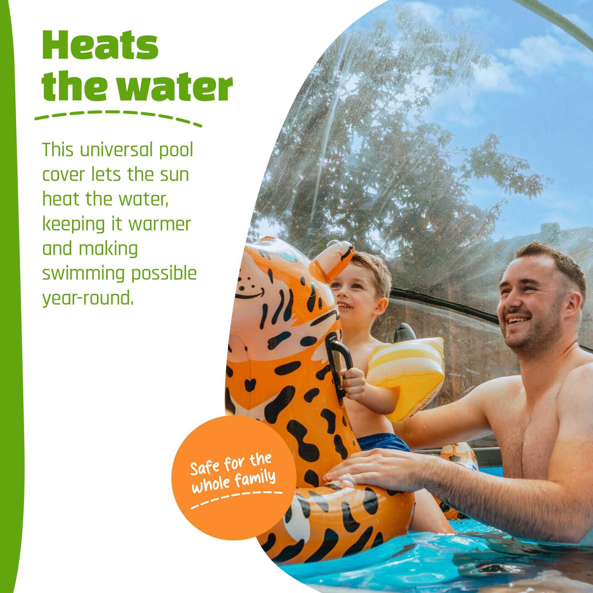 Heats the water

This universal pool cover lets the sun heat the water, keeping it warmer and making swimming possible year-round.

Safe for the whole family