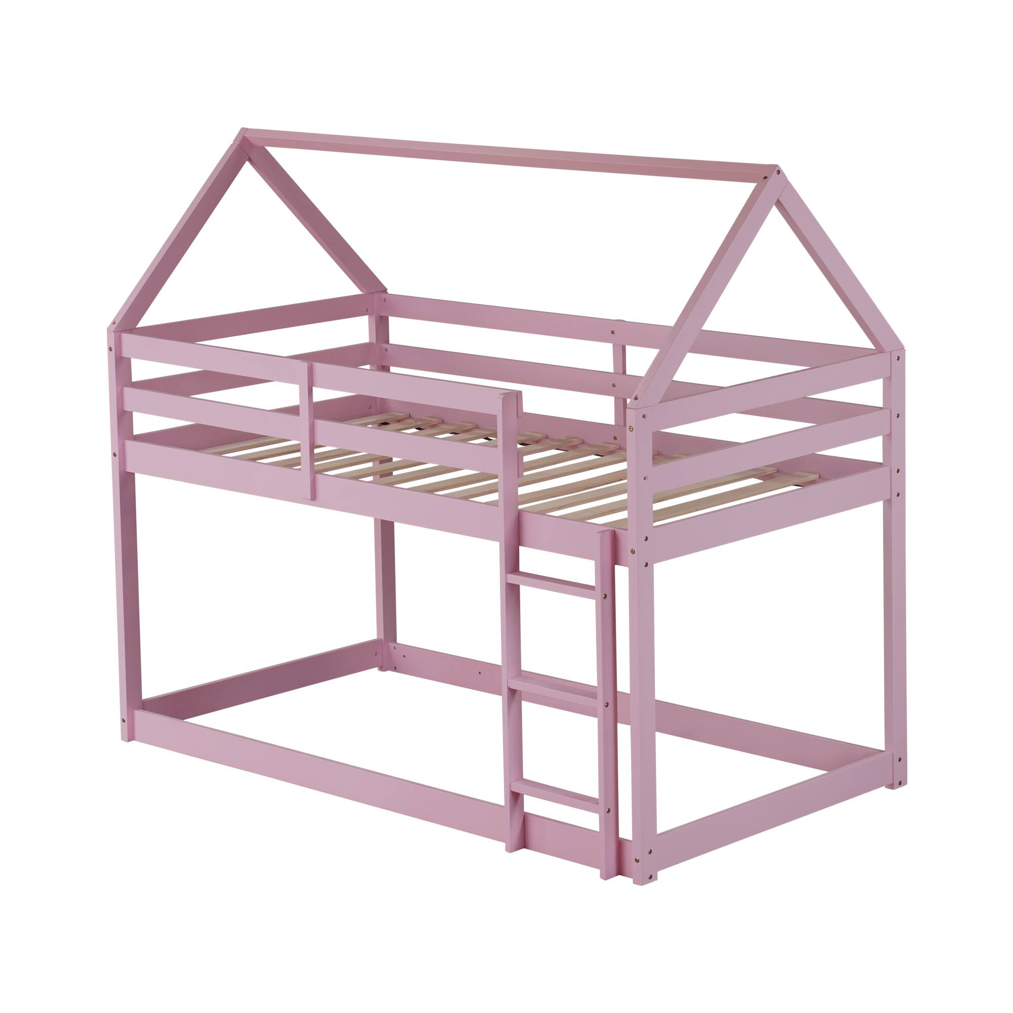 Back. GOODSILO - House-Shaped Twin Over Twin Rubber Wood Bunk Bed with Ladder and Guardrails for Kids - Pink.