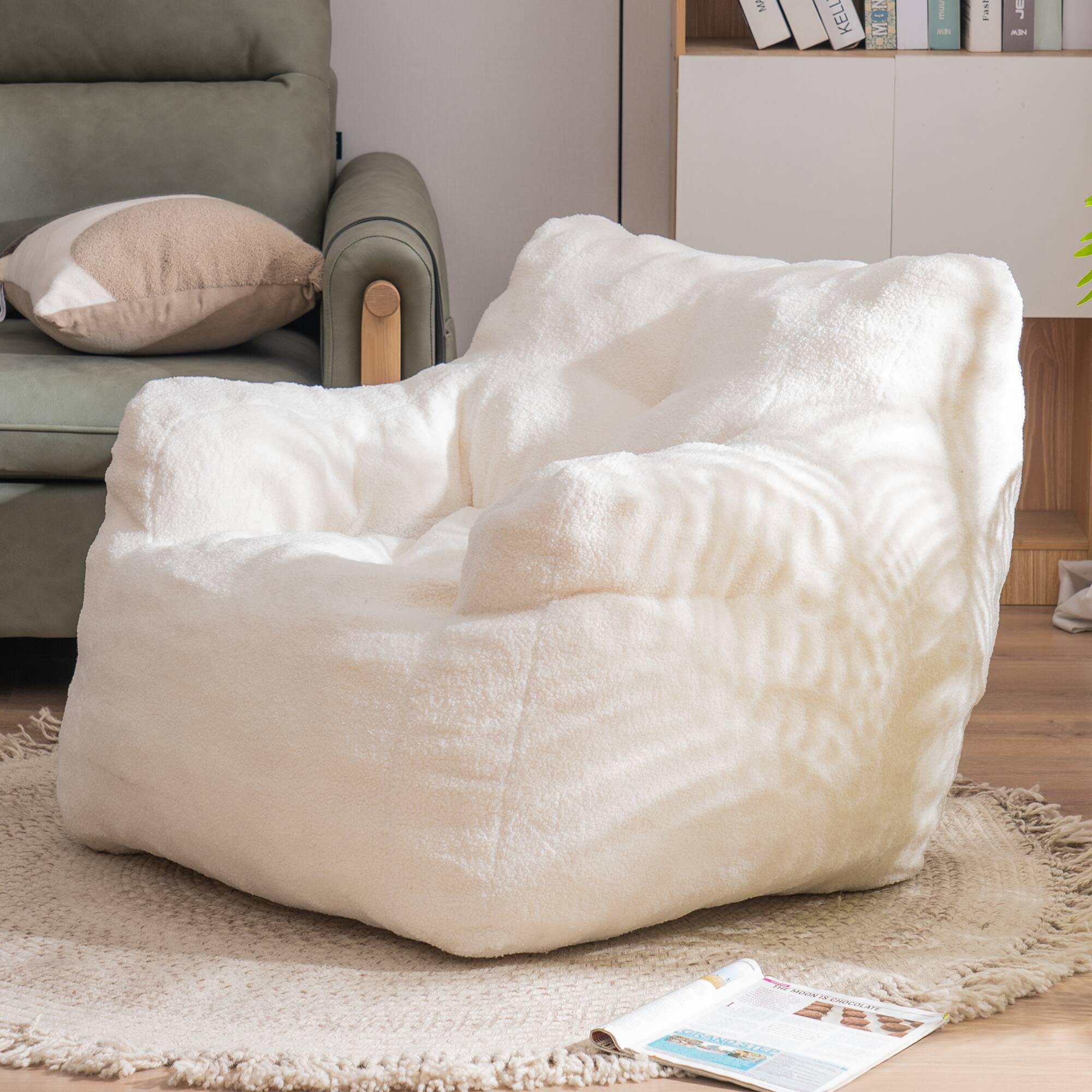 GOODSILO - Luxury Plush Bean Bag Chair with Ergonomic Support - Soft Teddy Fabric and Memory Foam Filling for Ultimate Comfort - Ivory