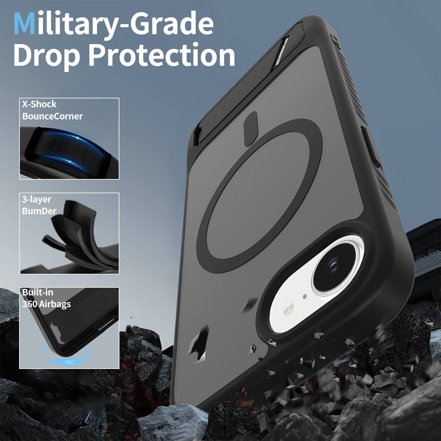 Military-Grade Drop Protection  
X-Shock BounceCorner  
3-layer BumDer  
Built-in 360 Airbags