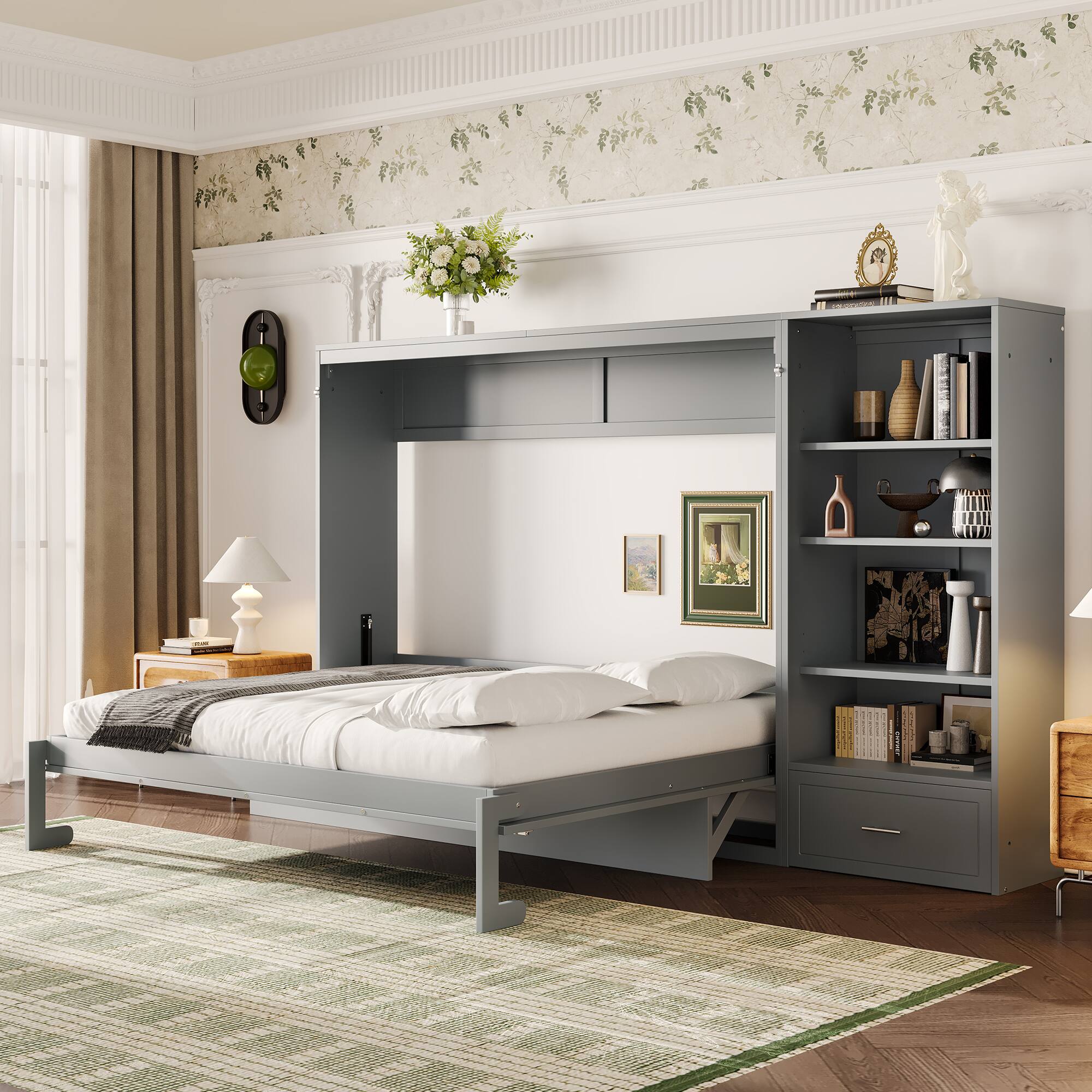 Back. Anysun - Queen Size Multifunctional Foldable Murphy Bed with Height Adjustable Storage Compartments and Shelf, Drawer - Grey.