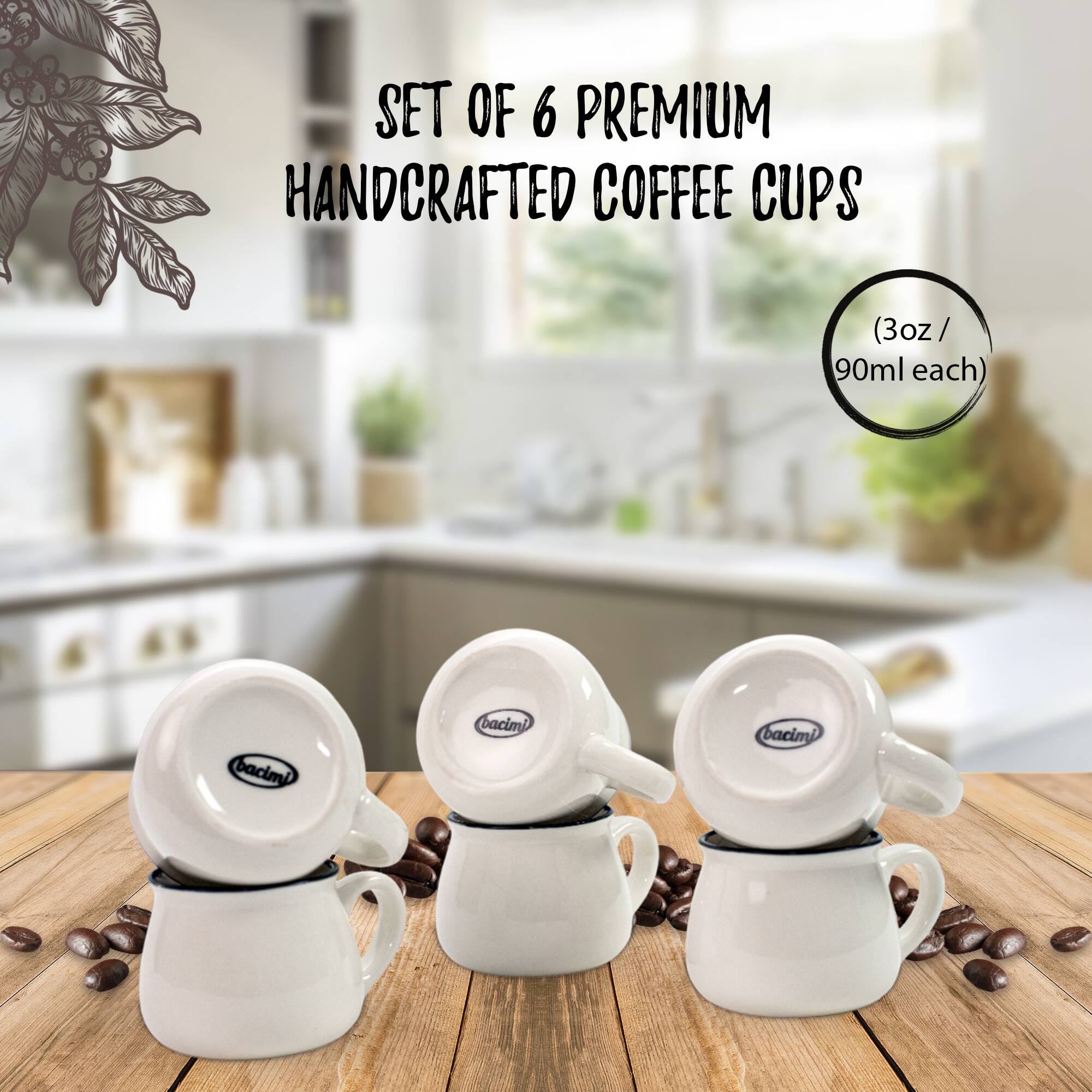 SET OF 6 PREMIUM HANDCRAFTED COFFEE CUPS (3oz / 90ml each)