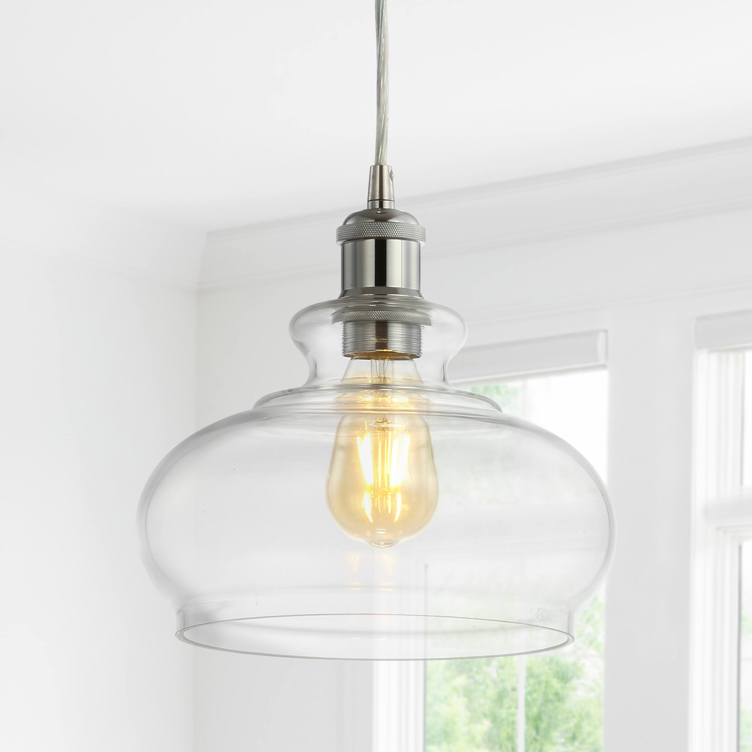 Alt View 1. Jonathan Y - Wyatt 9.5" Pharmacy Metal/Glass LED Pendant, Chrome - Chrome.