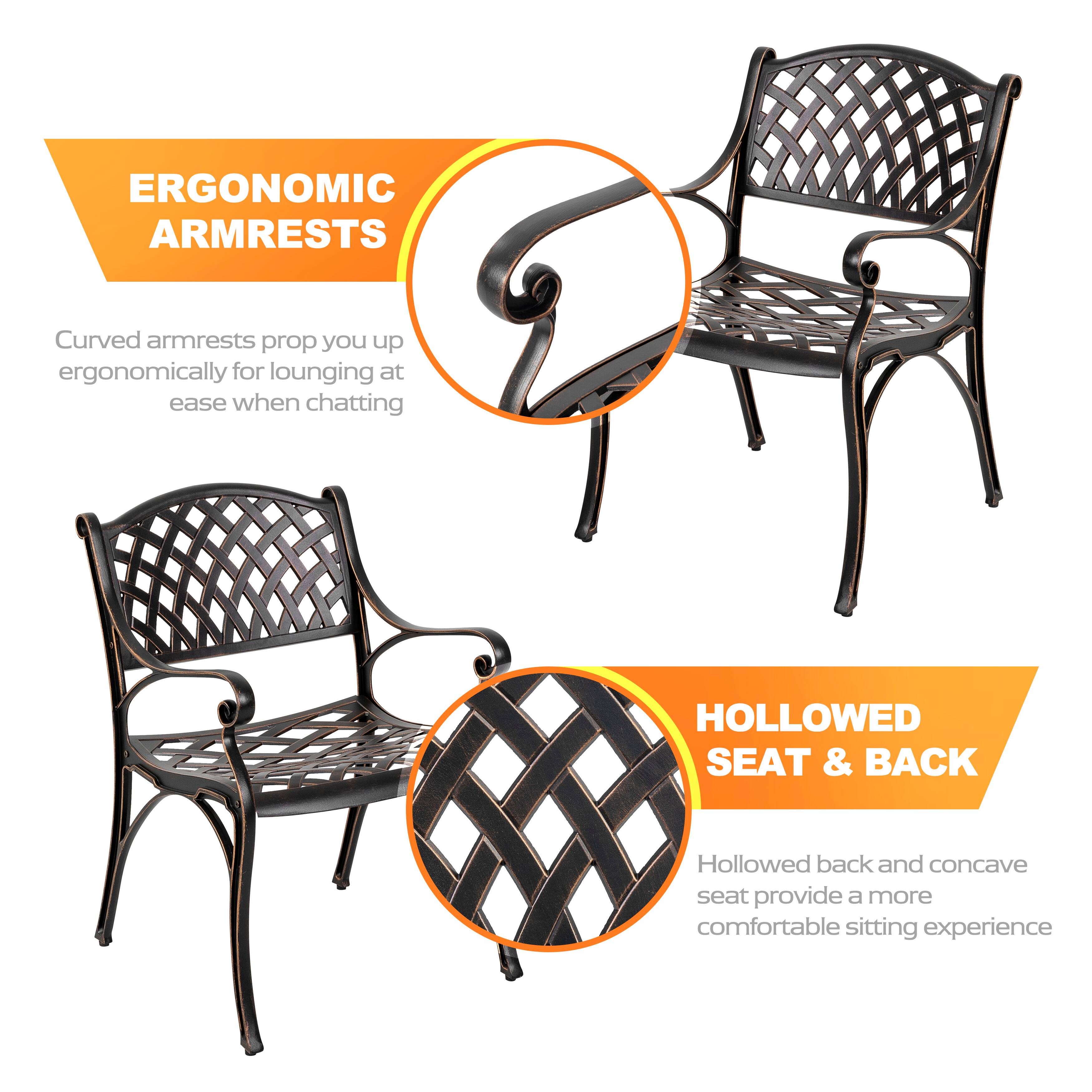 ERGONOMIC ARMRESTS  
Curved armrests prop you up ergonomically for lounging at ease when chatting  

HOLLOWED SEAT & BACK  
Hollowed back and concave seat provide a more comfortable sitting experience
