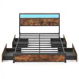 Costway - Queen Size LED Bed Frame w/2-Tier Storage Headboard & 4 Drawers Charging Station - Brown