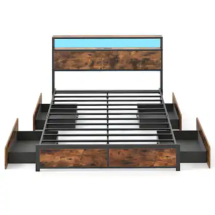 Front. Costway - Costway Queen Size LED Bed Frame w/2-Tier Storage Headboard & 4 Drawers Charging Station - Rustic Brown,Black.