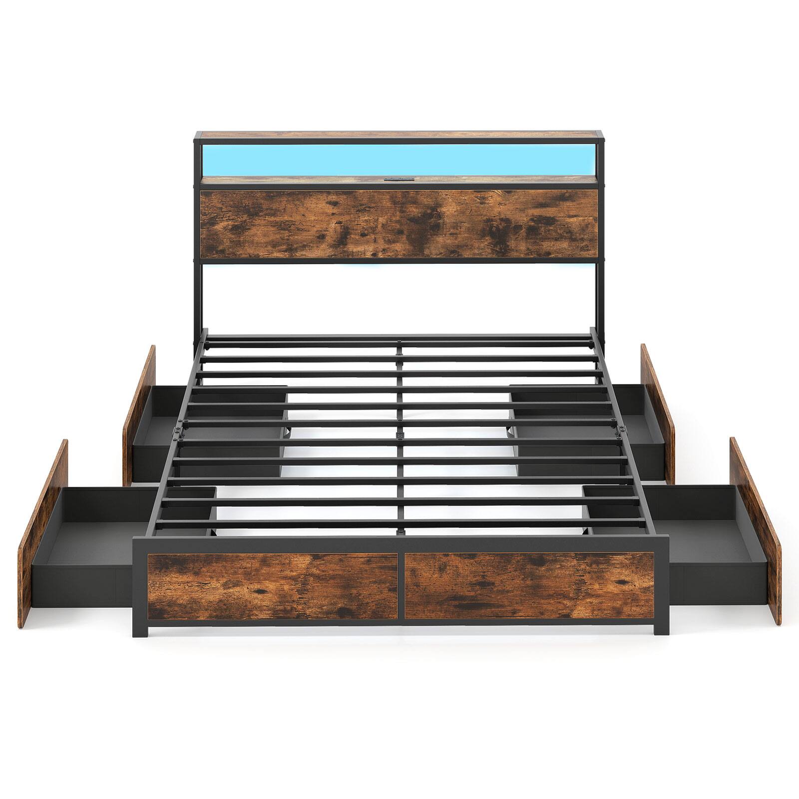 Alt View 9. Gymax - Gymax Queen Size LED Bed Frame w/2-Tier Storage Headboard & 4 Drawers Charging Station - Brown.