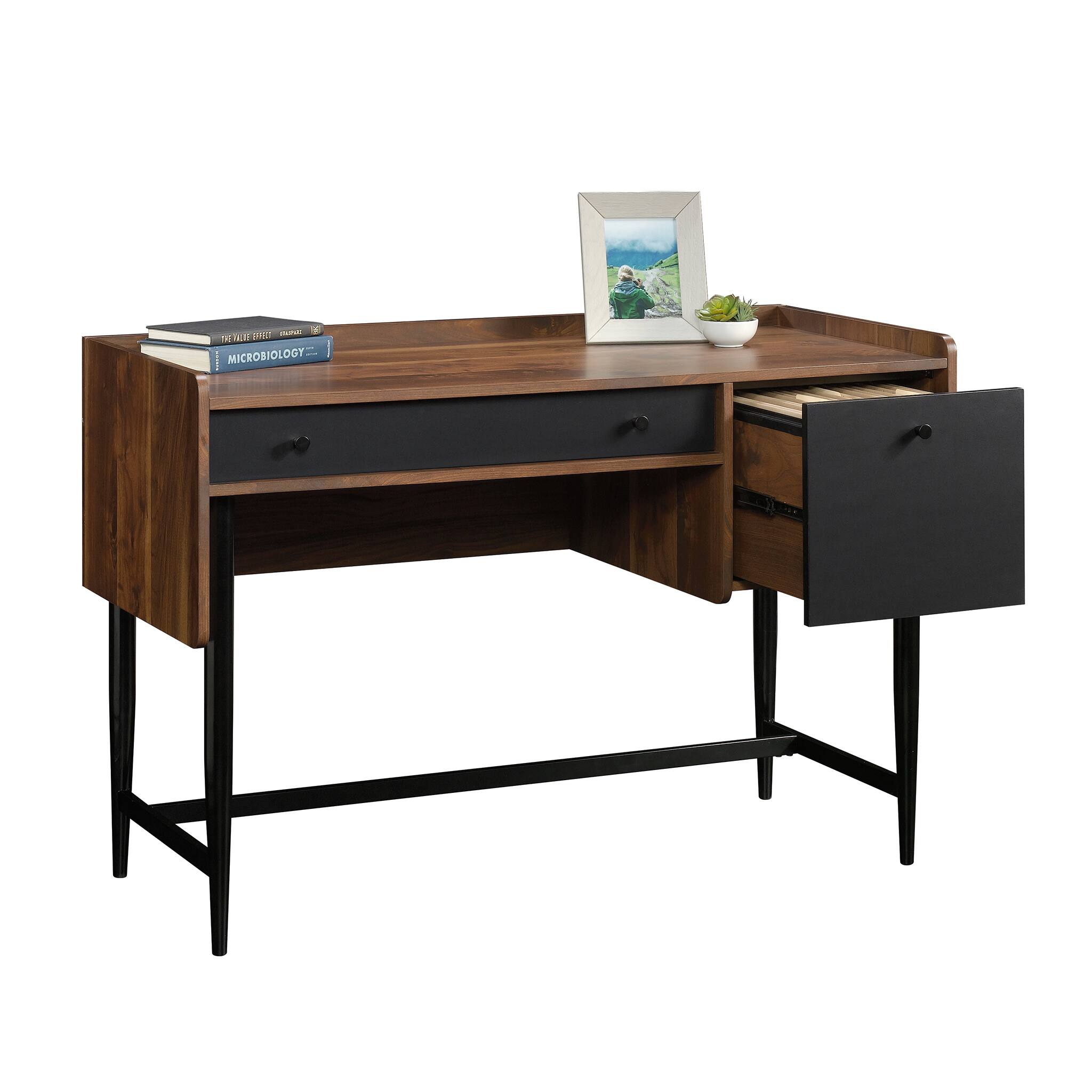 Angle. Spaco - Writing Desk with File and Pencil Drawers, Metal Base - Brown.