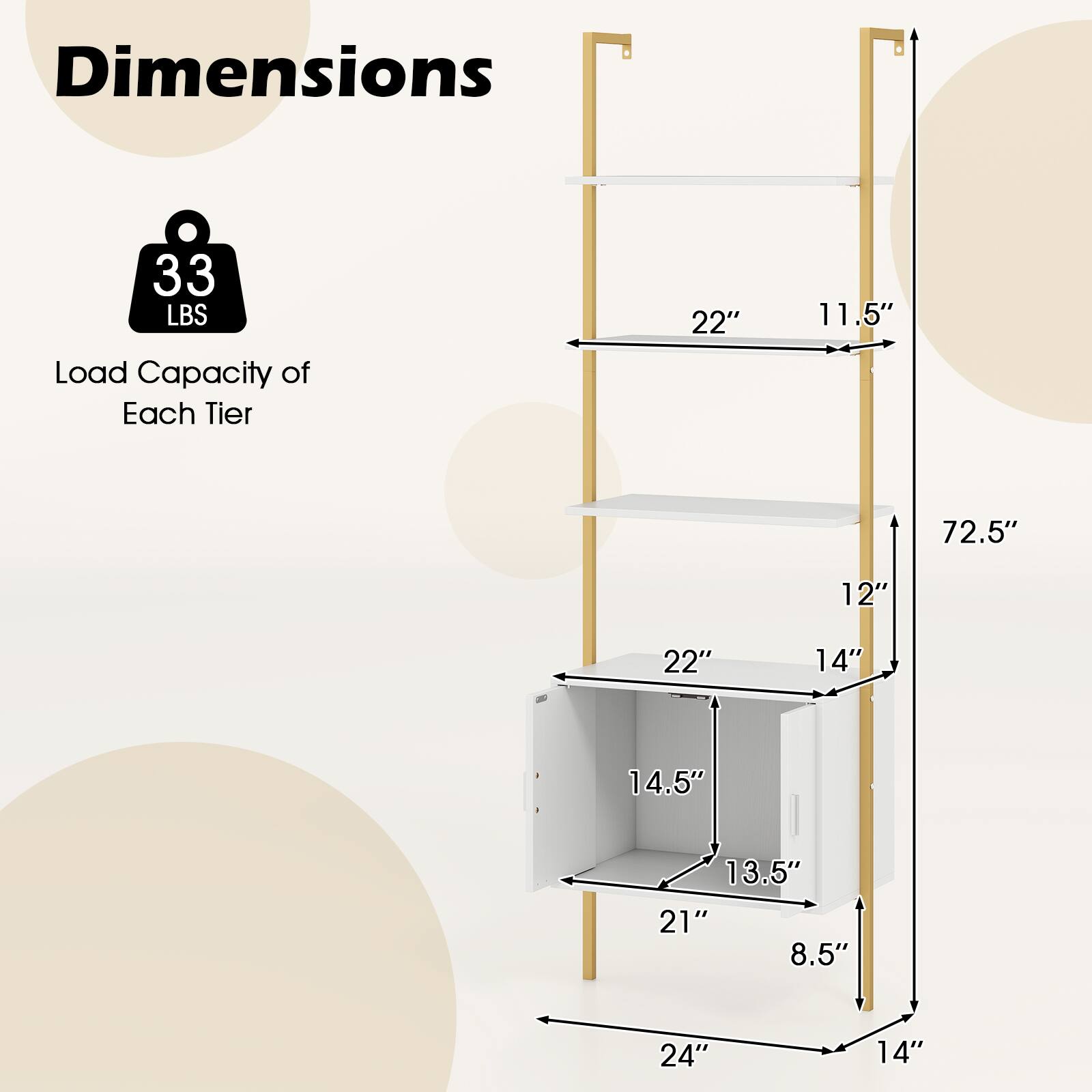 Dimensions  
33 LBS Load Capacity of Each Tier  

22" x 11.5"  
72.5"  
12"  
22" x 14"  
14.5" x 13.5"  
21" x 8.5"  
24" x 14"
