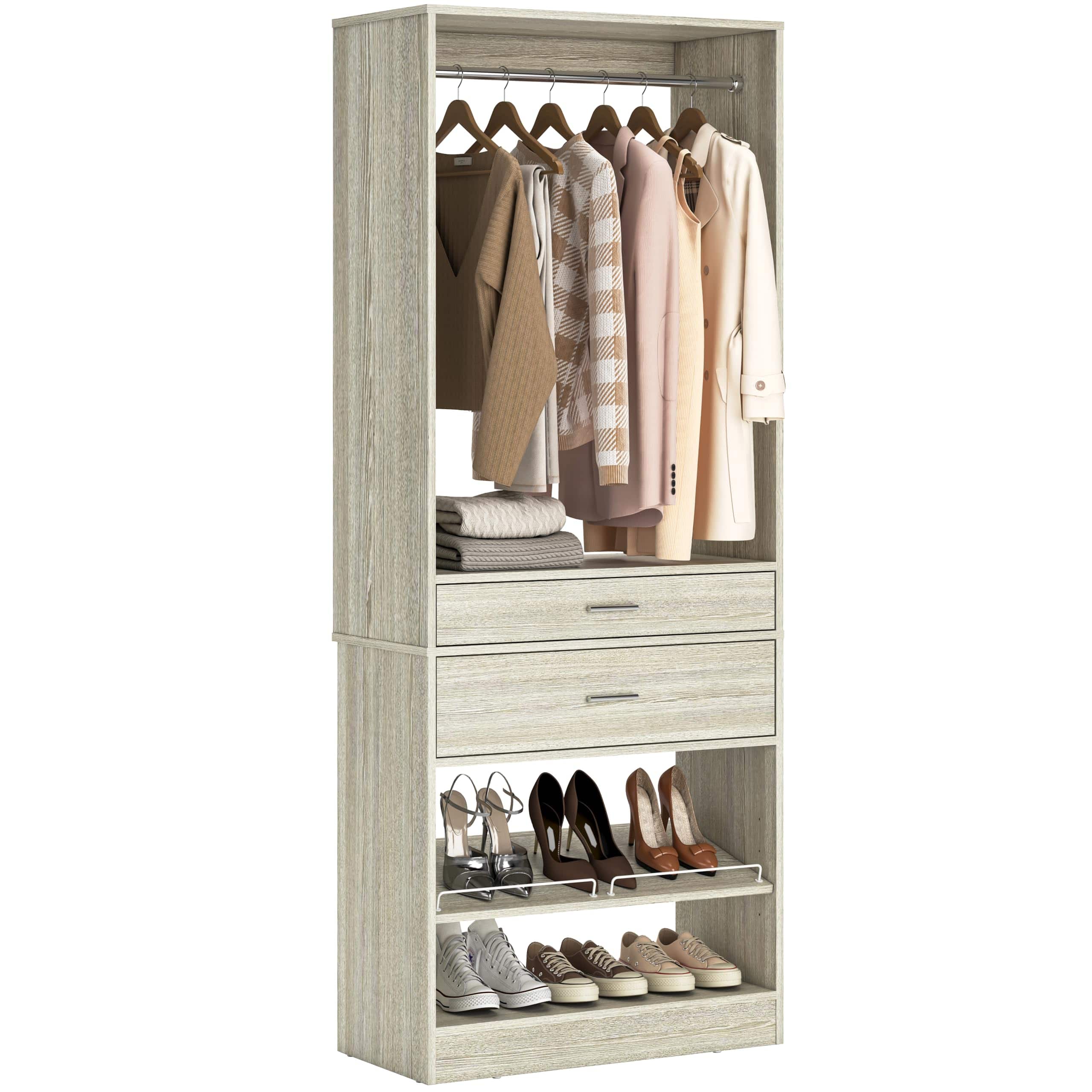 Aheaplus - 25"W x 80”H Walk-in Closet Tower: Hanging Rod, 2 Wood Drawers, Adjustable Shoe Rack - For Bedroom/Mudroom/Entryway - White Oak