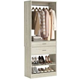 Aheaplus - 25"W x 80”H Walk-in Closet Tower: Hanging Rod, 2 Wood Drawers, Adjustable Shoe Rack - For Bedroom/Mudroom/Entryway - White Oak