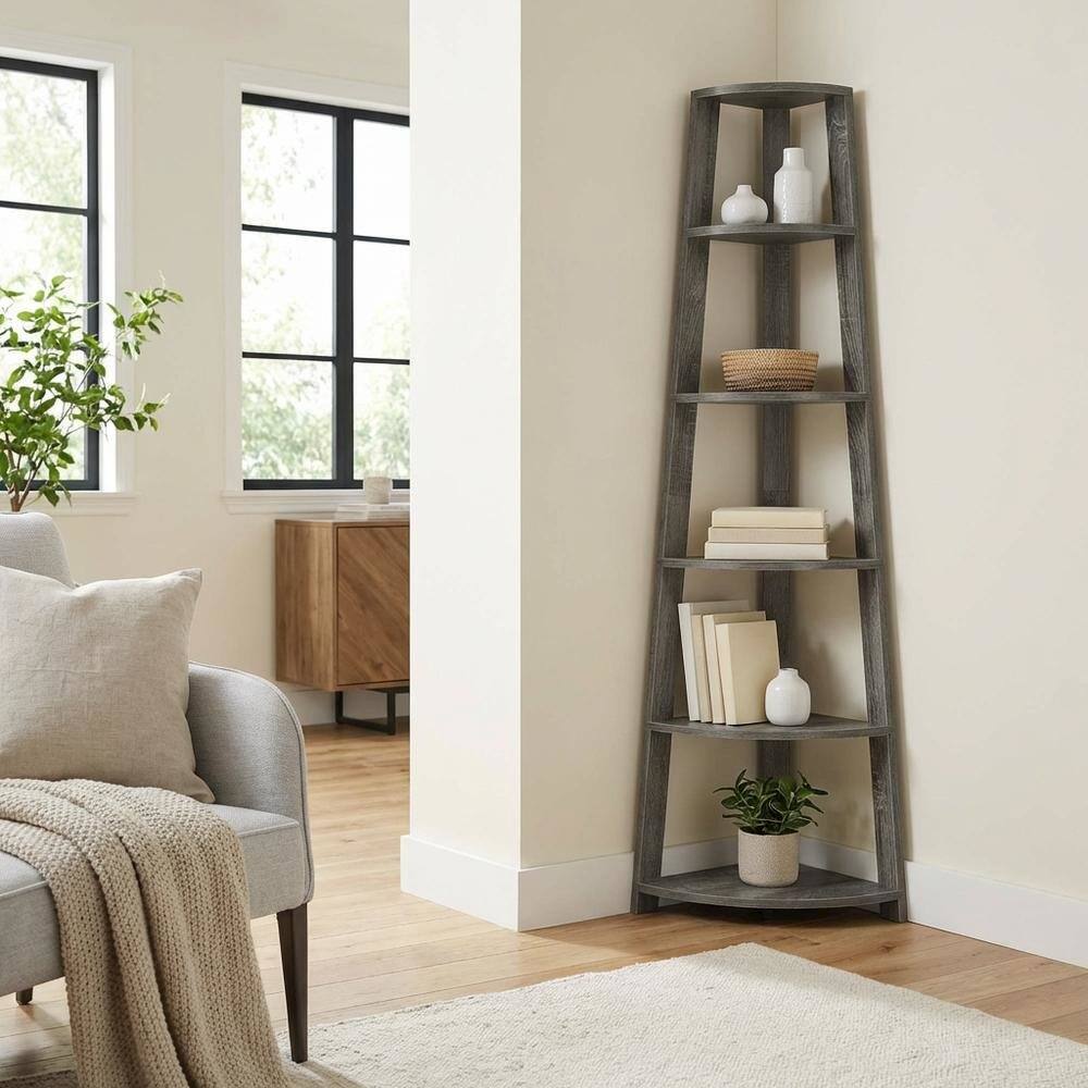 Alt View 2. FurniFact - Weathered Gray 5-Tier Corner Bookshelf with Contemporary Design - Weathered Gray.