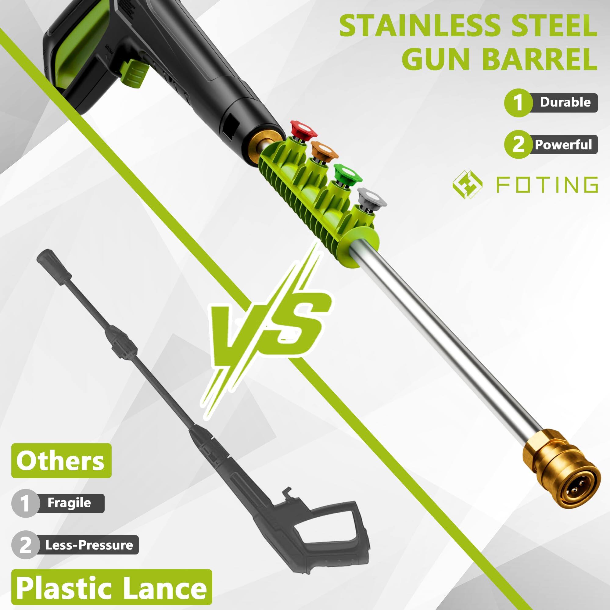 - STAINLESS STEEL GUN BARREL  
  1. Durable  
  2. Powerful  

FOTING  

VS  

Others  
1. Fragile  
2. Less-Pressure  

Plastic Lance