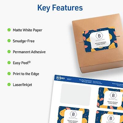 Key Features

- Matte White Paper
- Smudge-Free
- Permanent Adhesive
- Easy Peel
- Print to the Edge
- Laser/Inkjet

AVERY 5613

MOISTURIZING BARS
HAND MADE IN THE USA
MOISTURIZING BARS