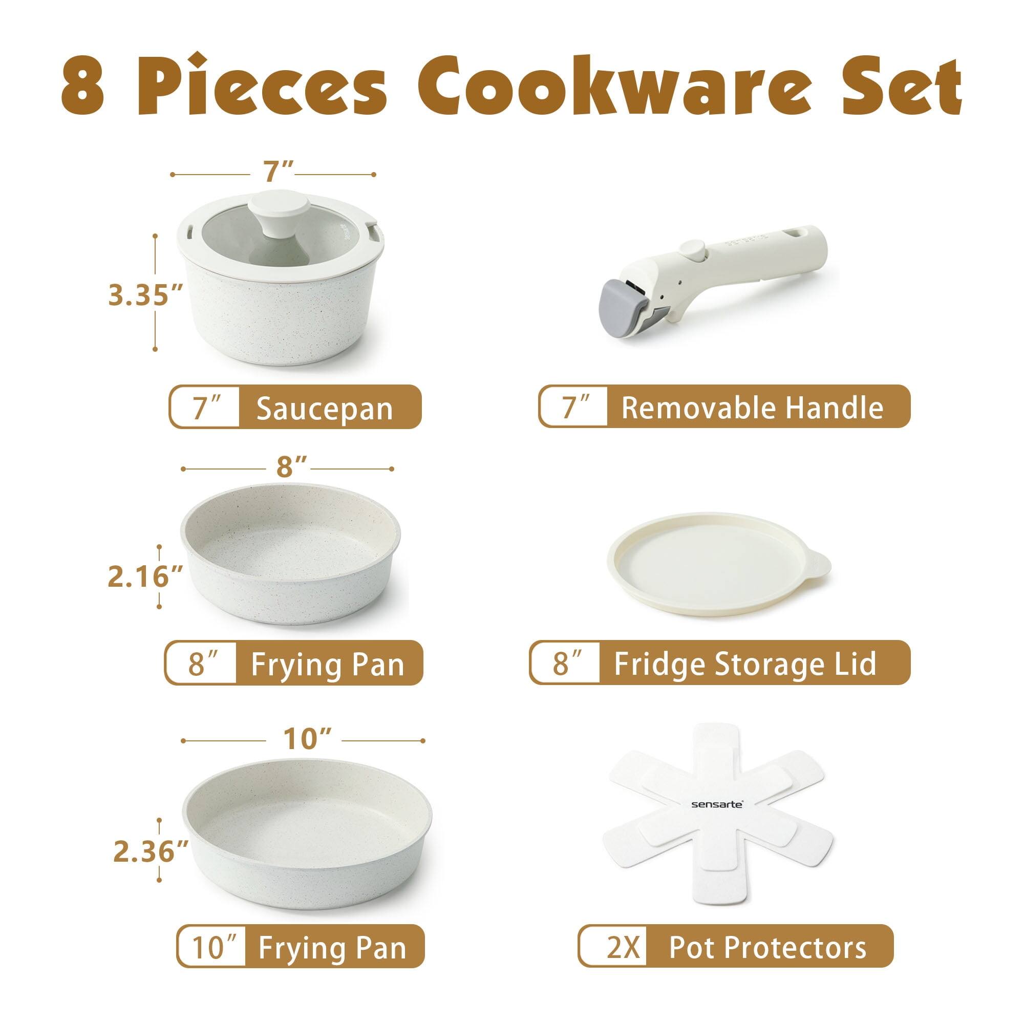8 Pieces Cookware Set

- 7" Saucepan
- 7" Removable Handle
- 8" Frying Pan
- 8" Fridge Storage Lid
- 10" Frying Pan
- 2X Pot Protectors