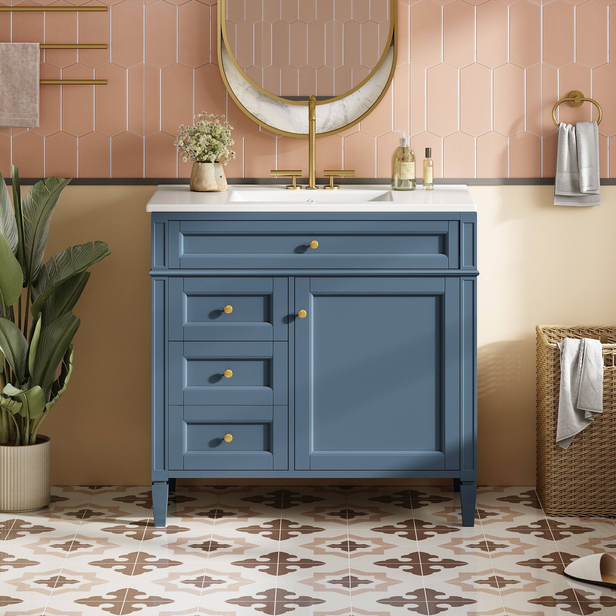 Alt View 5. Boyel Living - 36 Inch Modern Bathroom Vanity with Ceramic Sink Three Drawers Indigo Blue - Blue.