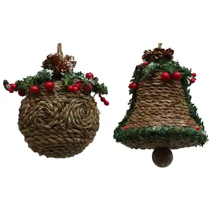Front. BreeBe - Jute-look Ball Ornament Set of Two - Brown, Green.