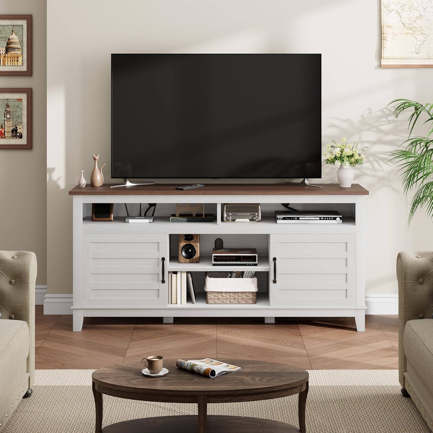 Acekool - Modern TV Stand for 65" TV, Semi-Open Cabinet with Double Doors and Adjustable Shelves, Brown - White