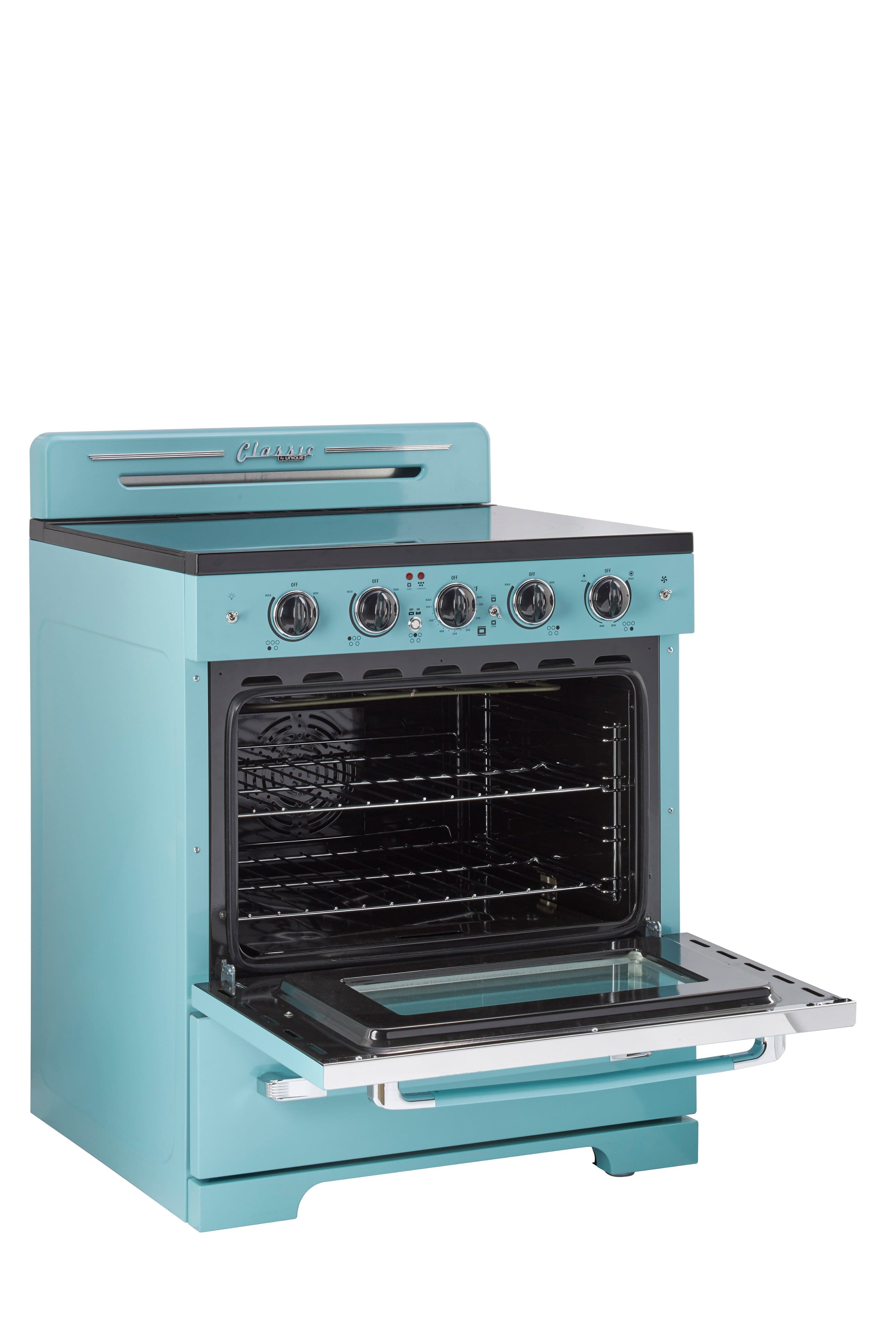 Alt View 19. Unique Appliances - Classic Retro 3.9 Cu. Ft. Freestanding Electic Convection Range with Glass Top and Storage Drawer - Ocean Mist Turquoise.