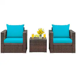 Pefilos - 3 Pcs Patio Conversation PE Rattan Furniture Set, Patio Outdoor Furniture Conversation Sets with Coffee Table - Blue