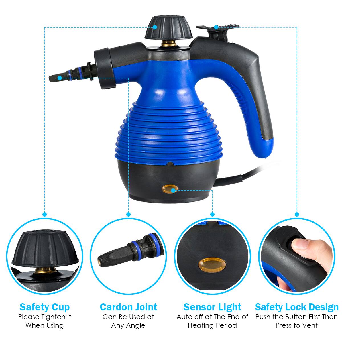 - Safety Cup
  - Please Tighten it When Using

- Cardon Joint
  - Can Be Used at Any Angle

- Sensor Light
  - Auto off at The End of Heating Period

- Safety Lock Design
  - Push the Button First Then Press to Vent