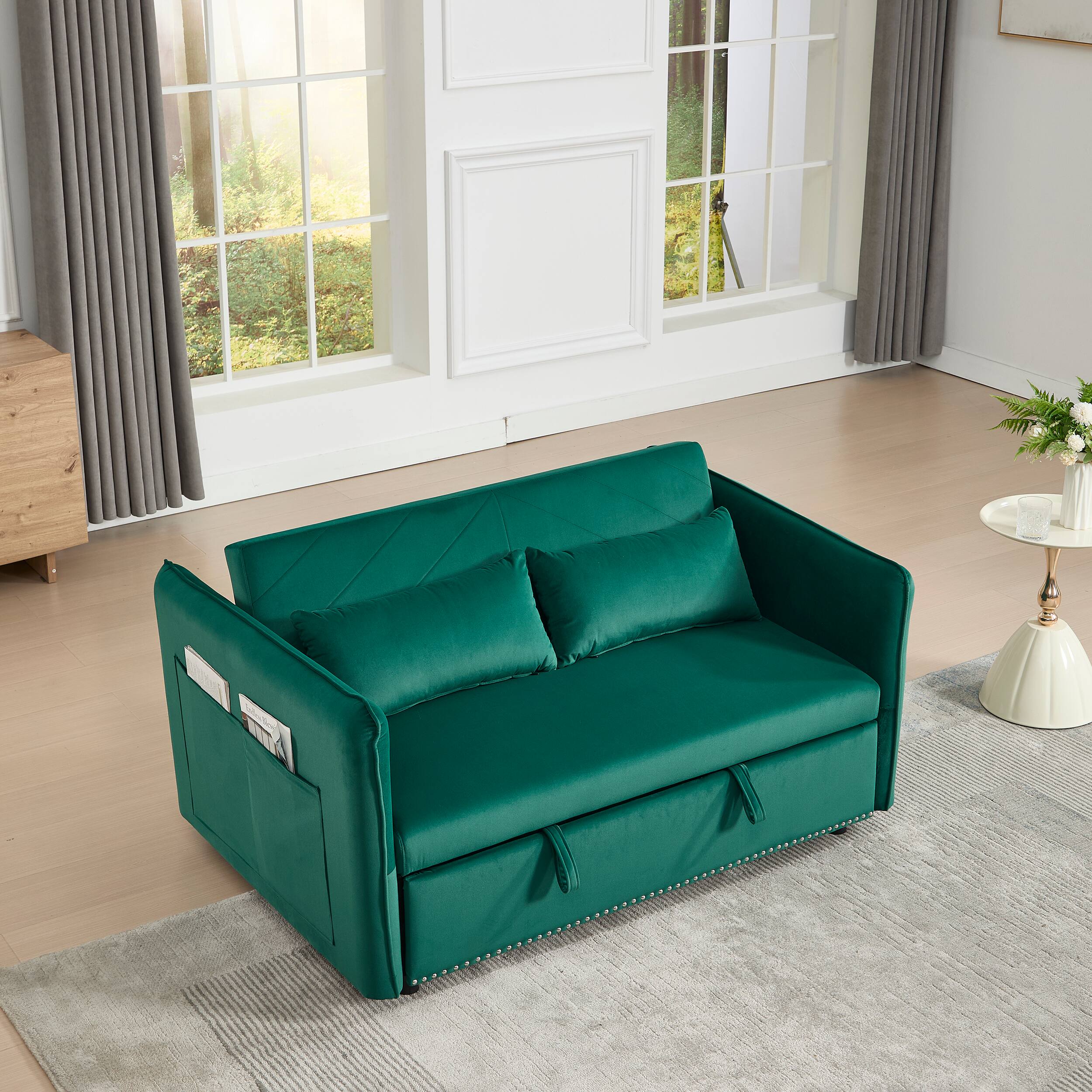 Alt View 5. Tiramisubest - 3 in 1 Convertible Sleeper Futon Sofa Bed,55" Velvet Loveseat with 2 Pillows,Reclining Backrest & Side Pockets,Green - Green.
