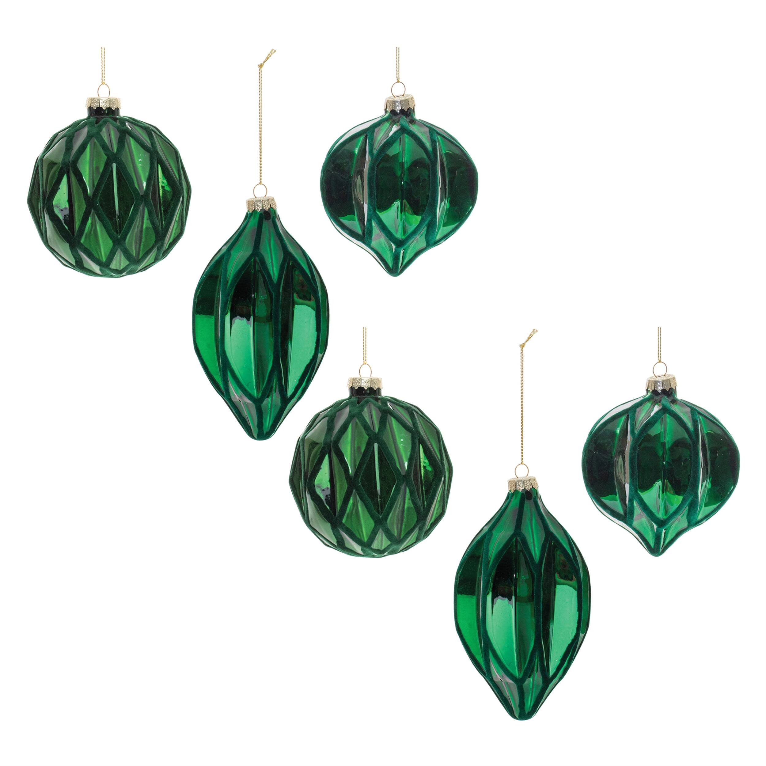 Alt View 3. BreeBe - Green Textured Harlequin Glass Ornament (Set of 6) - Green.