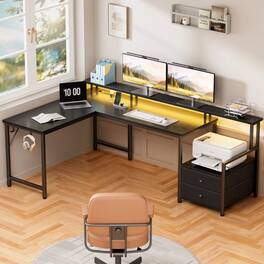 Furnulem - L Shaped Computer Desk with Charging Station Gaming Desk with LED Lights 2 Drawers Monitor Stand - Black