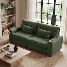 Dyonery - 91" Modern 2-Seater Sofa with Charging Ports, Cup Holders & Armrest Storage - Wide Corduroy Green - Green