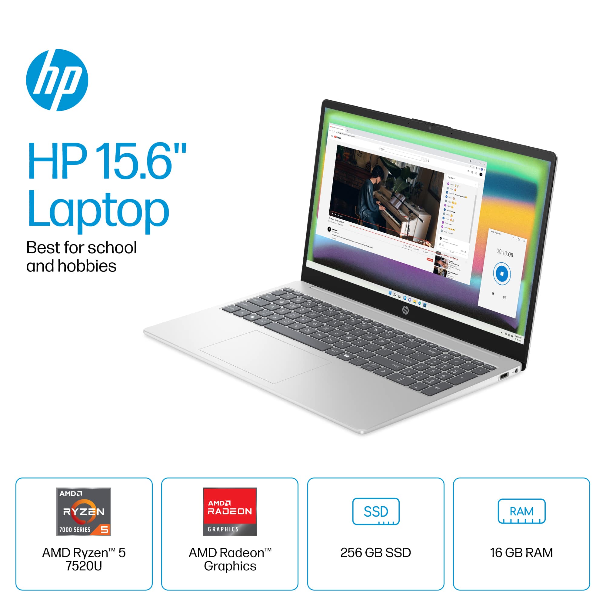 hp HP 15.6" Laptop Best for school and hobbies 00:100 - - 1 - - - - - - 1 AHD2 RYZEN 7000 SERIES 5 AMD2 RADEON CRAPHICS SSD RAM AMD Ryzen 5 7520U AMD Radeon Graphics 256 GB SSD 16 GB RAM